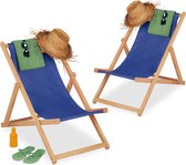 Relaxdays strandstoel hout - set van 2 - blauw - ligstoel tuin - verstelbare klapstoel