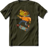 Casual kikker T-Shirt Grappig | Dieren reptiel Kleding Kado Heren / Dames | Animal Skateboard Cadeau shirt - Leger Groen - L