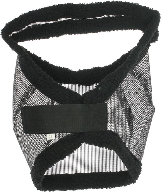 Zwarte vliegenkap zonder oren, met fleece rand en klittenbandsluiting.