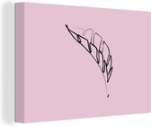 Canvas Schilderij Blad - Line art - Roze - 90x60 cm - Wanddecoratie