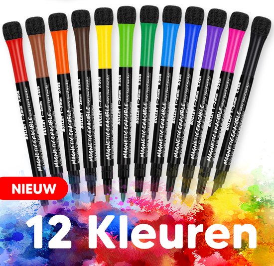 Bablue Whiteboard Stiften - Whiteboard Marker - 12 Stuks - Verschillende Kleuren - Magnetische Markers Set - Stift Magnetisch en gekleurd - Stiften Kinderen - Stiften voor Volwassenen - Met Wisser
