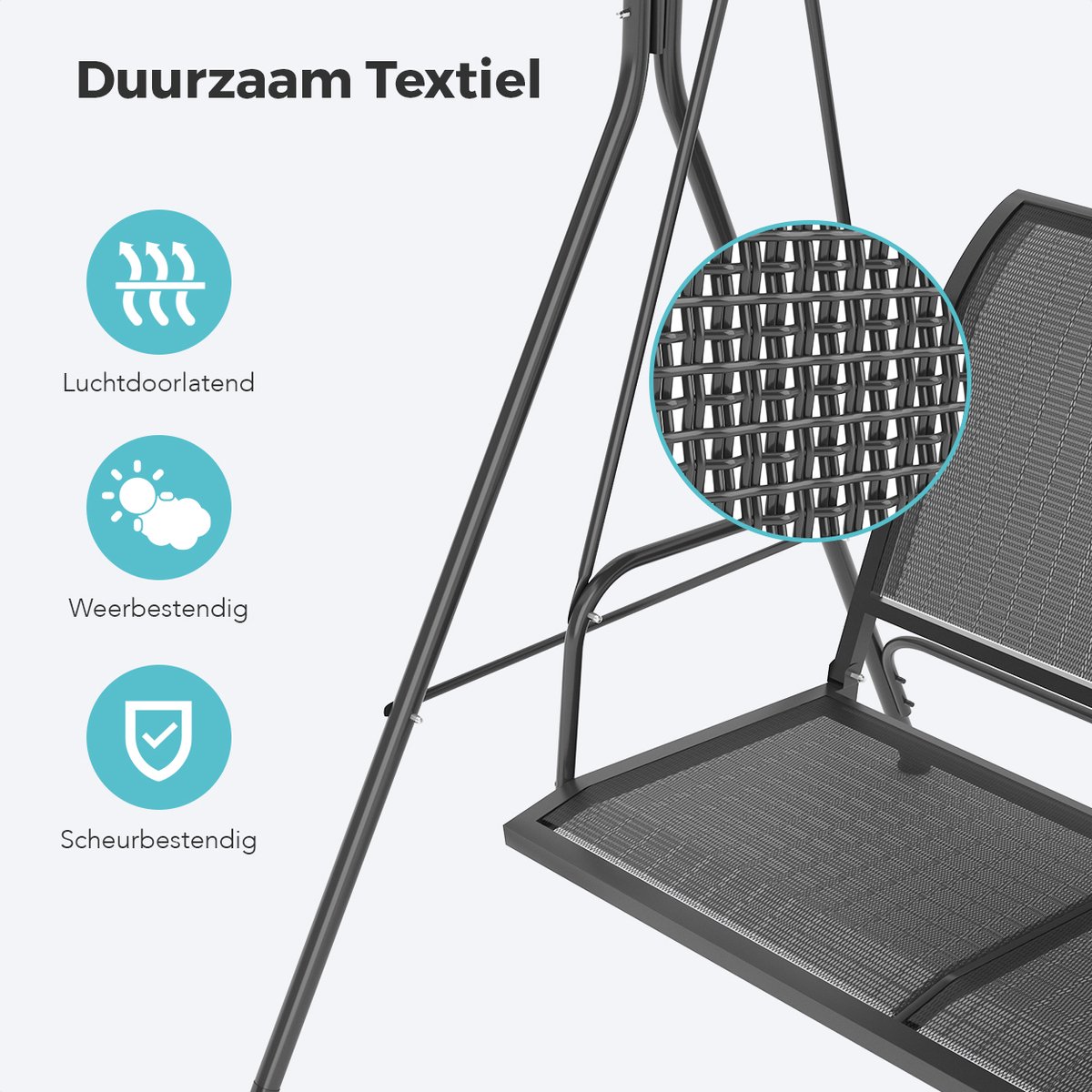 LifeGoods Schommelbank - 3-zits - tot 250KG - Kantelbaar Dak - UV-bestendig Zonnescherm - 172x104x162cm - Grijs — afbeelding 8