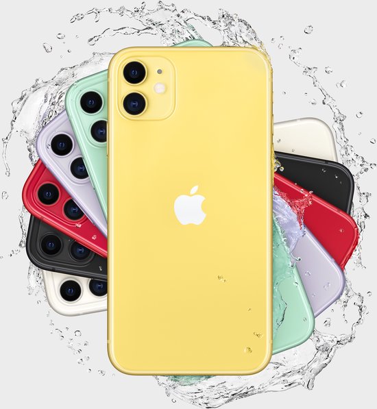 Gele iPhone 11 omringd door andere kleuren iPhones in water.
