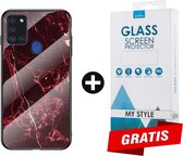 Backcover Marmerlook Hoesje Samsung Galaxy A21s Rood - Gratis Screen Protector - Telefoonhoesje - Smartphonehoesje