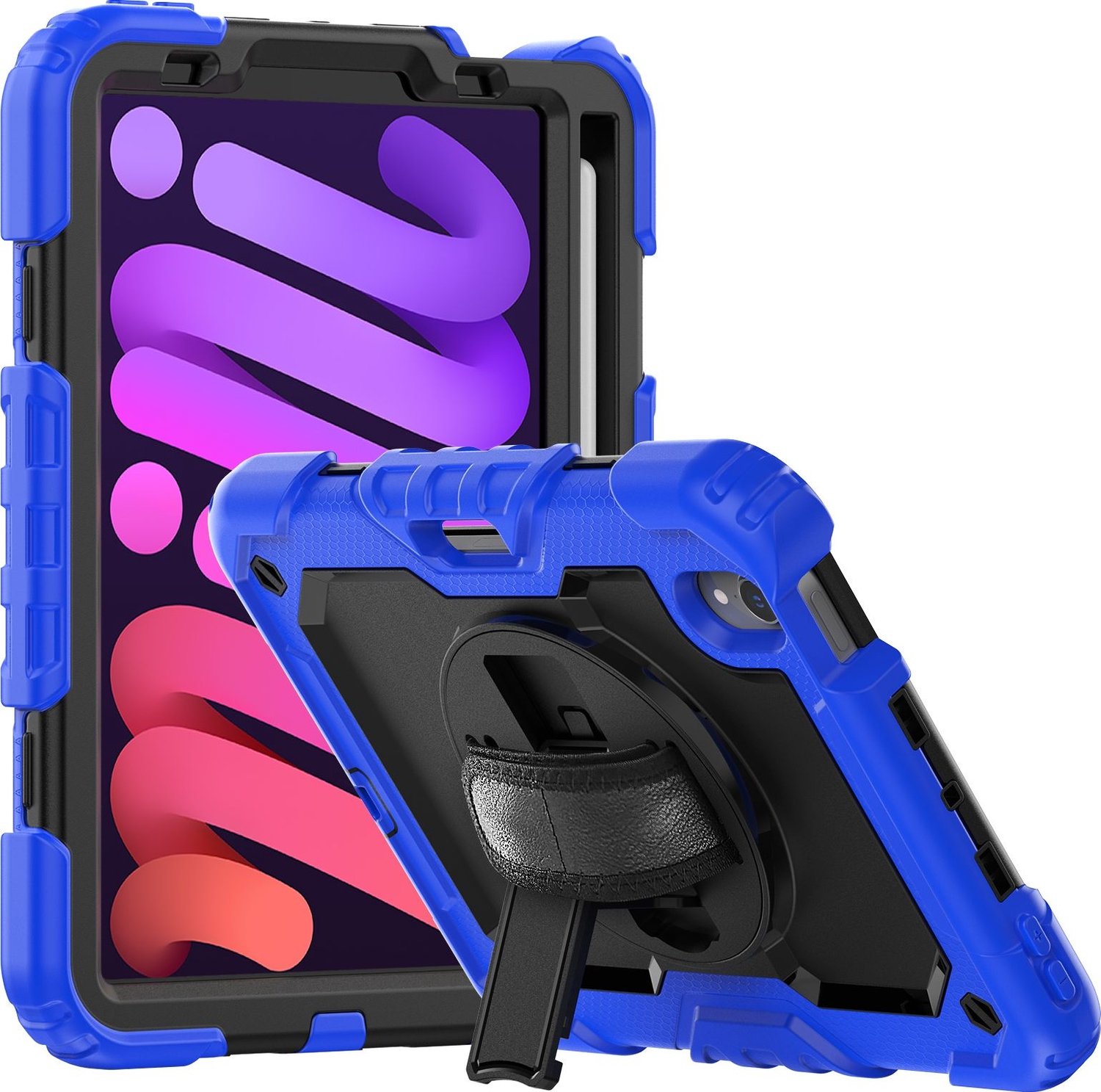 Mobigear SureGrip Xtreme - Tablethoes geschikt voor Apple iPad Mini 6 (2021) Hardcase Backcover + Stylus Houder + Schouderband + Standaard - Zwart / Donkerblauw