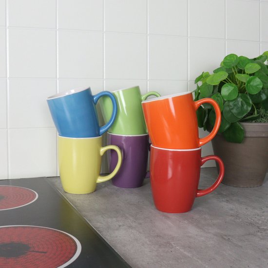 Orange85 - Koffiekopjes set gekleurd - 300 ml - Kleuren: paars, geel, groen, oranje, rood en blauw