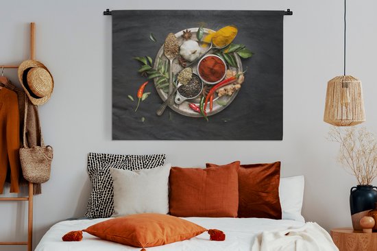 Wandkleed - Wanddoek - Kruiden - Bord - Peper - Zwart - Lepels - Zilver - 120x90 cm - Wandtapijt