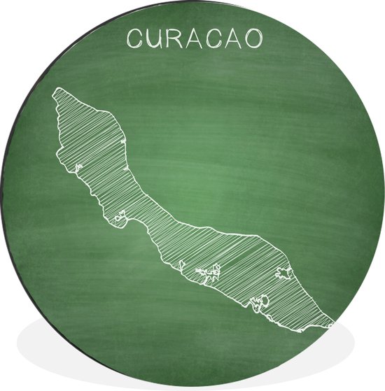 WallCircle - Wandcirkel - Muurcirkel - Een illustratie van Curaçao op een groen krijtbord - Aluminium - Dibond - ⌀ 60 cm - Binnen en Buiten