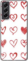 Geschikt voor Samsung Galaxy S21 FE hoesje - Een illustratie met hartjes in verschillende vormen - Siliconen Telefoonhoesje
