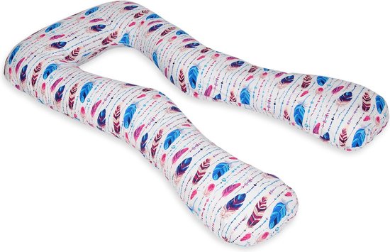 Voedingskussen - Zwangerschapskussen - 300 cm - 100% katoen - wit met roze en blauwe veren