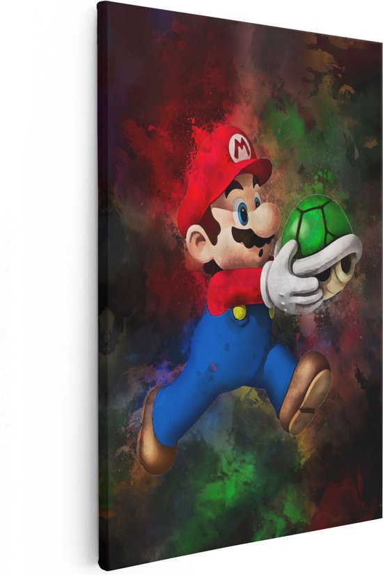 Artaza Canvas Schilderij Mario met een Groene Schelp - 80x120 - Groot - Muurdecoratie - Canvas Print