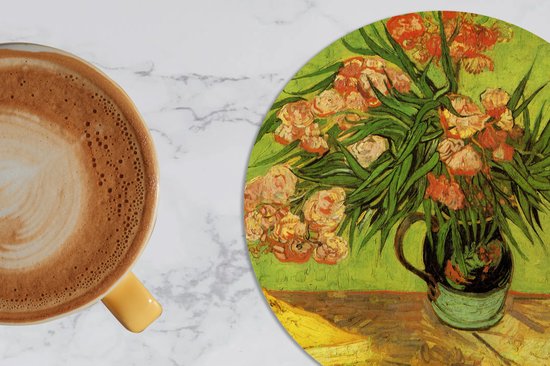 Sous-verres pour verres - Ronds - Vase nature morte avec lauriers roses et livres - Peinture de Vincent van Gogh - 10x10 cm - Sous-verres en verre - 6 pièces