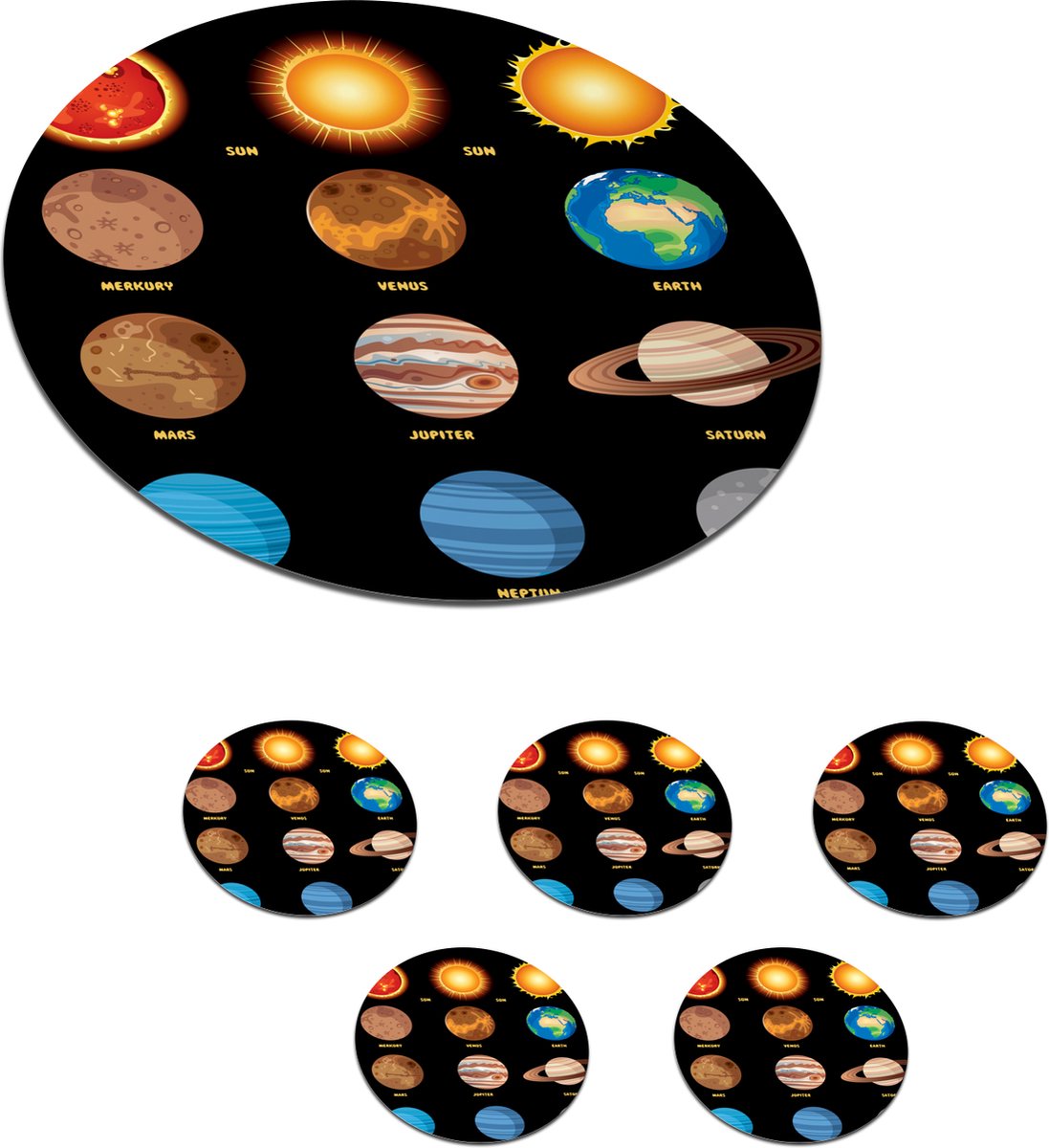 Onderzetters voor glazen - Rond - Verschillende planeten van het zonnestelsel - 10x10 cm - Glasonderzetters - 6 stuks