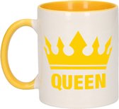 1x Cadeau Queen beker / mok - geel met wit - 300 ml keramiek - gele bekers