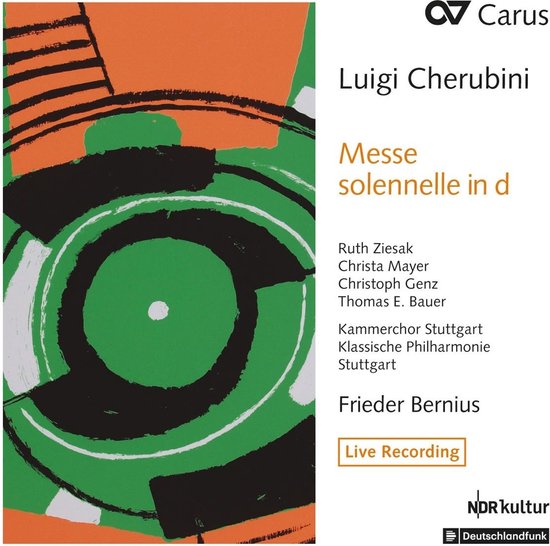 Albumhoes voor Cherubini: Messe Solennelle in d, met abstracte oranje, groene en zwarte lijnen en cirkels.