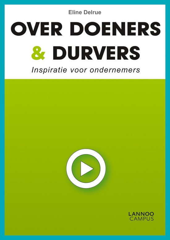Boek "Over Doeners & Durvers" met blauwe titel en groene achtergrond met een afspeelicoon.
