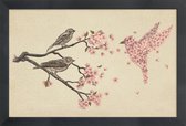 JUNIQE - Poster in houten lijst Blossom Bird -40x60 /Bruin & Ivoor