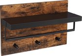 FURNIBELLA - Wandgarderobe in industrieel design, vintage met 3 haken, stang en plank 40 x 60 x 21,5 cm, hout/zwart