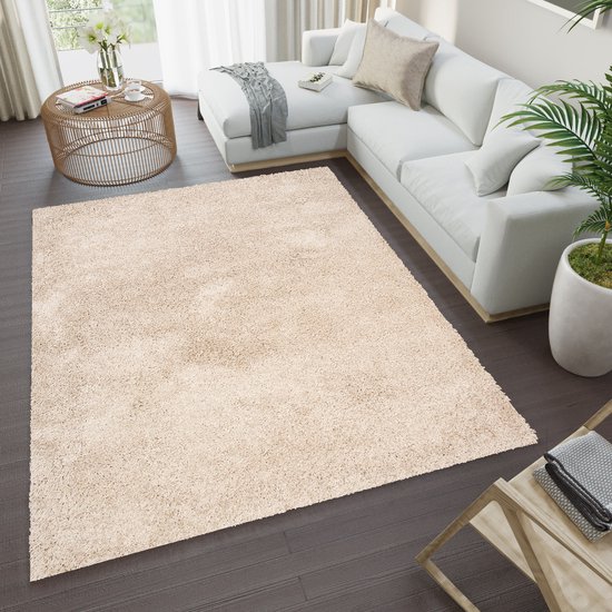 Tapiso Essence Vloerkleed Hoogpolig Beige Shaggy Tapijt Maat- 140x200