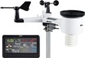 Alecto weerstation met windmeter, regenmeter, windvaan en digitaal display dat tijd, datum en temperatuur weergeeft.