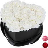 Relaxdays flowerbox - rozen box - zwart - hart - rozen in doos  bloemendoos - 18 rozen - wit