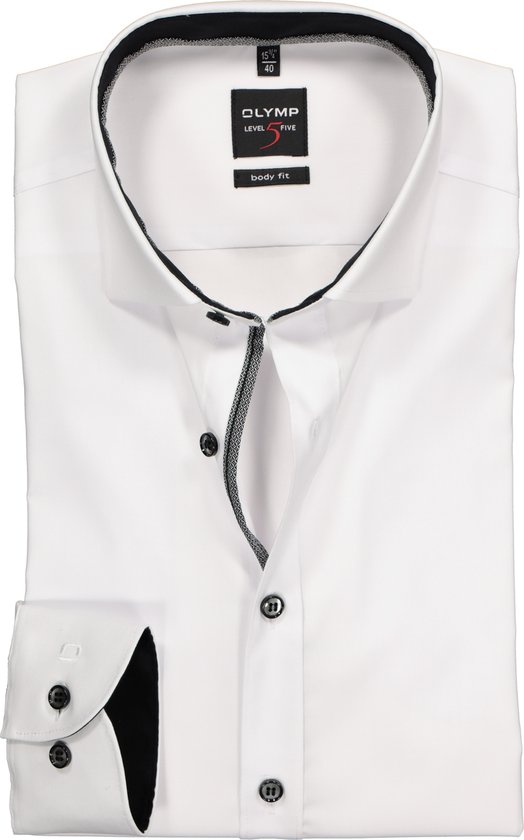 OLYMP Level 5 body fit overhemd - wit (zwart contrast) - Strijkvriendelijk - Boordmaat: