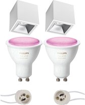 Pragmi Cliron Pro - Opbouw Vierkant - Mat Wit/Zilver - Verdiept - 90mm - Philips Hue - Opbouwspot Set GU10 - White and Color Ambiance - Bluetooth - BES LED