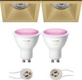 Luxino Pollon Pro - Inbouw Vierkant - Mat Goud - Verdiept - 82mm - Philips Hue - LED Spot Set GU10 - White and Color Ambiance - Bluetooth