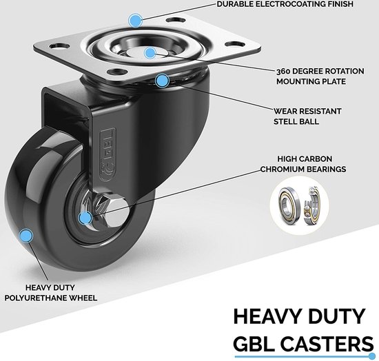 Foto: Gbl 4 x zwenkwielen 50mm met schroeven meubelzwenkwielen zwaar rubberen zwenkwielen voor meubels wielen karretje transport karretje 4 zwenkwielen zonder rem 