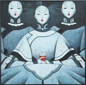 Fine Asianliving Olieverf Schilderij 100% Handgeschilderd 3D met Reliëf Effect en Zwarte Omlijsting B100xH100cm Chinese Vrouwen met Rode Lippen