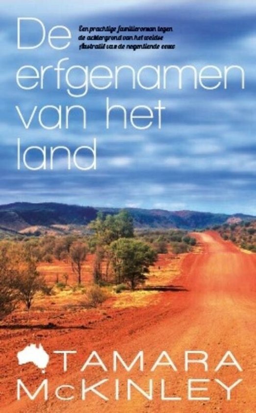 Boekcover met rood zandpad dat leidt naar heuvels onder een blauwe lucht. Titel: De erfgenamen van het land.
