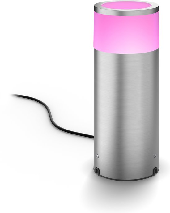 Calla sokkellamp van geborsteld metaal met roze licht aan de bovenkant.
