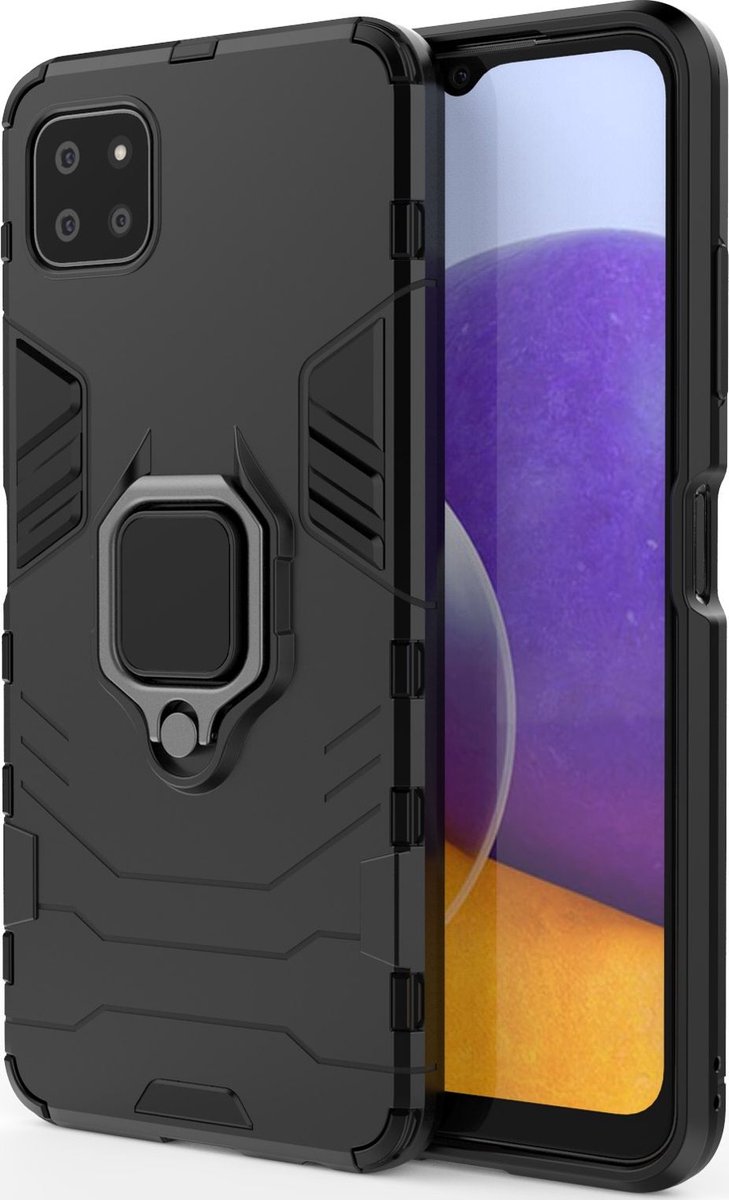 Mobigear Hoesje geschikt voor Samsung Galaxy A22 5G Telefoonhoesje Hardcase | Mobigear Armor Ring Backcover Shockproof met Ringhouder | Schokbestendig Galaxy A22 5G Telefoonhoesje | Anti Shock Proof - Zwart