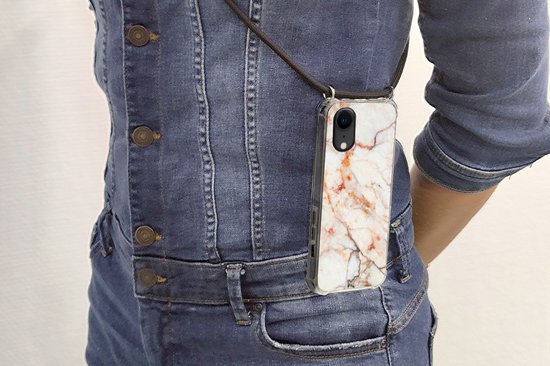 Cordon téléphonique - Chaîne téléphonique - Étui avec cordon Convient pour iPhone XR - Imprimé marbre - Oranje - Pierre - Siliconen - Bandoulière - Étui de téléphone avec cordon
