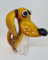 Glassculptuur Hond Pluto - teckel muranostijl - 20 cmH -amber kleur