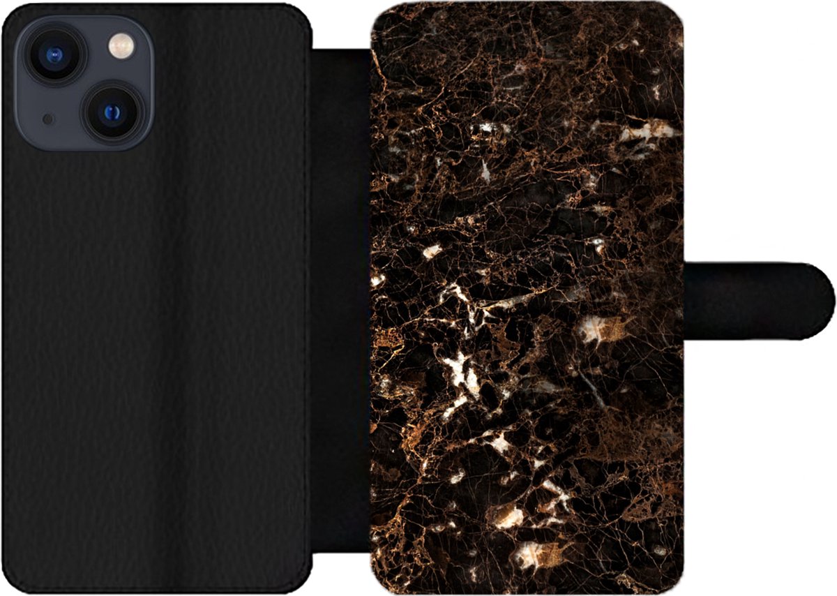Telefoonhoesje Geschikt voor iPhone 13 Mini telefoonhoesje - Marmer print - Zwart - Goud - Met vakjes - Wallet case met magneetsluiting