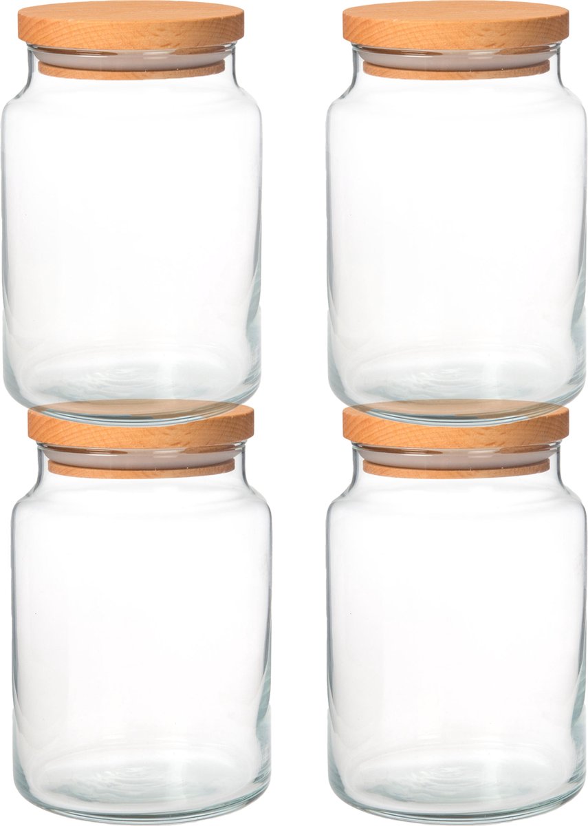 Joy Kitchen set glazen voorraadpotten 890 cc | Set van 4 | houten luchtafsluitende ronde deksels | voorraadpotten glas met deksel | voorraadpotten glas | voorraadpot | keuken voorraad organizer | duurzame hersluitbare voorraadpotten