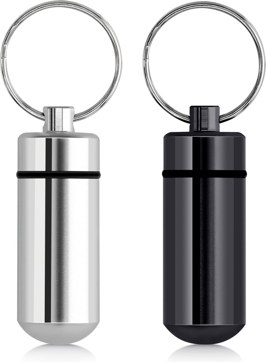 kwmobile 2 pillendoosje sleutelhanger in zwart / zilver - Handig medicijndoosje voor onderweg - Pillendoosje alluminium met schroefdop