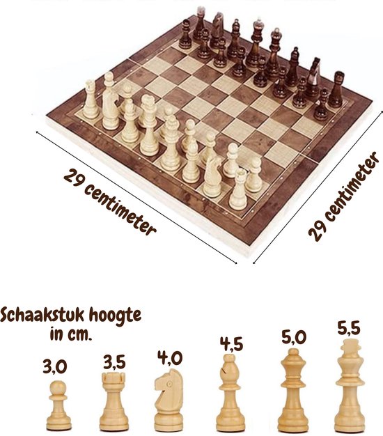 Thumbnail van een extra afbeelding van het spel 3 in 1 Houten Schaakspel met Houten Schaakstukken. Opvouwbaar Schaakbord, Dambord en Backgammon in 1.