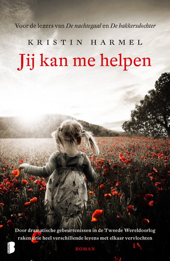 Een meisje met staarten rent weg van de camera door een veld met klaprozen. De tekst op het boek luidt "Jij kan me helpen".