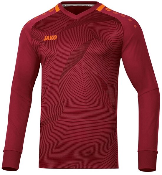 Jako keepershirt voor kinderen in wijnrood met subtiele lijnen, oranje Jako-logo en oranje details op de schouders.