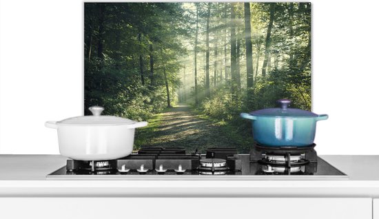 Spatscherm keuken 60x40 cm - Kookplaat achterwand Bos - Pad - Zon - Bomen - Groen - Natuur - Muurbeschermer - Spatwand fornuis - Hoogwaardig aluminium
