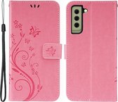 Bloemen Book Case - Samsung Galaxy S21 FE Hoesje - Roze