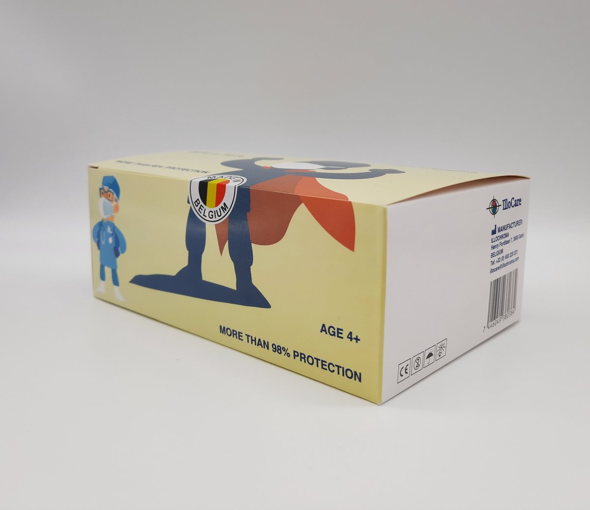 Illocare Combat Blue Medisch Kindermondmasker Type IIR EN14683 Filtratie ≥ 99 % Wasbaar Made in Belgium 30 stuks