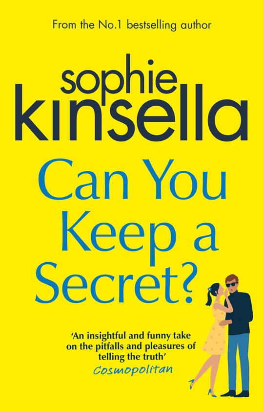 Boekcover met gele achtergrond en blauwe tekst: 'Sophie Kinsella Can You Keep a Secret?'. Een illustratie van een stel.