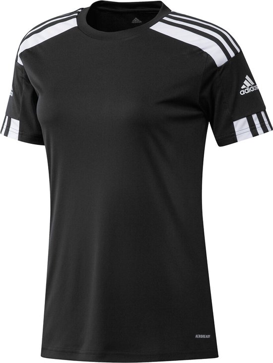 Zwart Adidas sportshirt voor dames met witte strepen op schouders en mouwen.