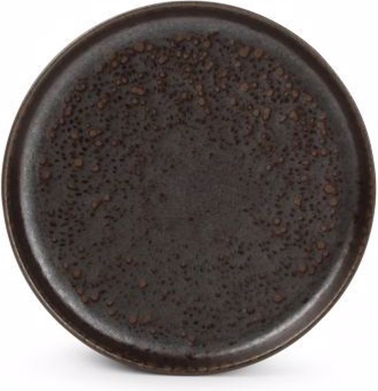 Rond, chocoladebruin Salt&Pepper bord met een gespikkelde, robuuste textuur, 17,5 cm breed.