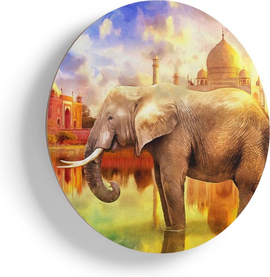 Artaza Houten Muurcirkel - Getekende Olifant Bij Taj Mahal - Abstract - Ø 60 cm - Multiplex Wandcirkel - Rond Schilderij