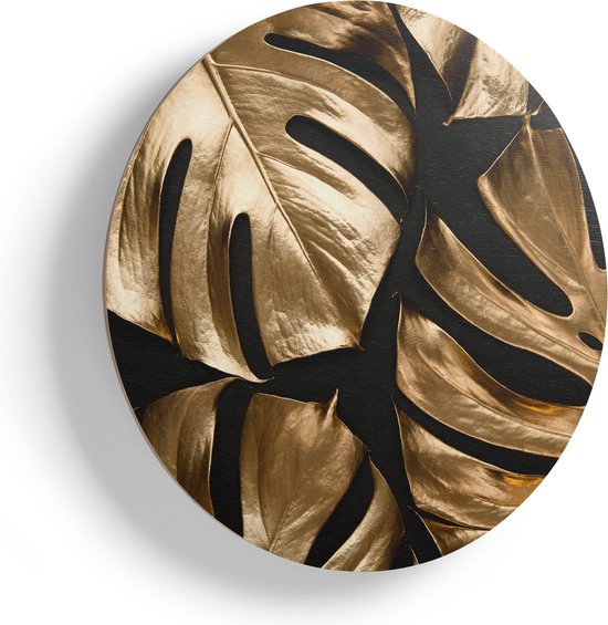 Artaza Houten Muurcirkel - Gouden Bladeren - Ø 40 cm - Klein - Multiplex Wandcirkel - Rond Schilderij