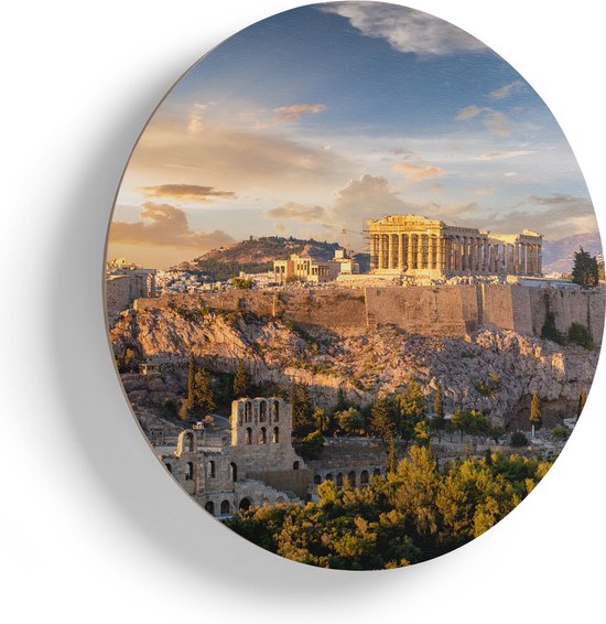 Artaza Houten Muurcirkel - Akropolis van Athene, Griekenland - Architectuur  - Ø 70 cm - Multiplex Wandcirkel - Rond Schilderij